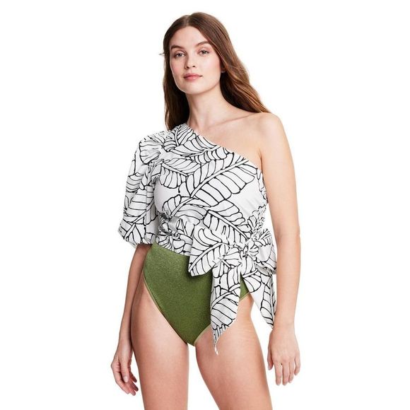 Women's Sketch Palm Leaf Print Wrap Tie One Shoulder Top - Fe Noel Black/Wh - Picture 1 of 5